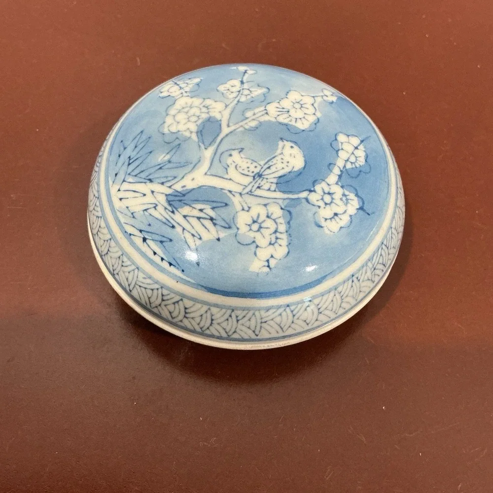 Vintage Porcelain Rouge Box 2 Piece Blue Floral With Birds